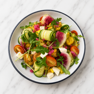 Bowl of vegetables and tofu salad as seen from above.